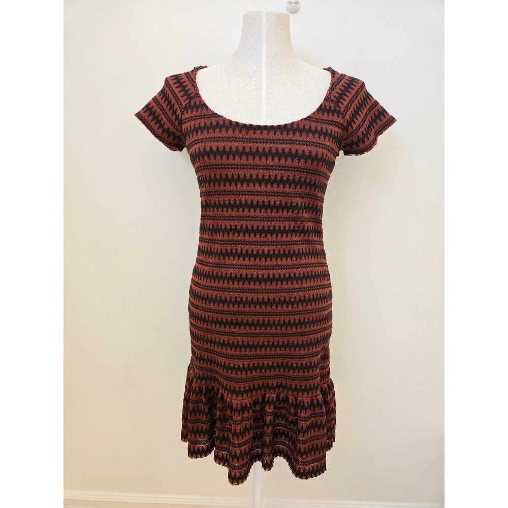 Free People Sweater Knit Mini Dress Medium Rust Black Geometric‎ Drop Waist Boho